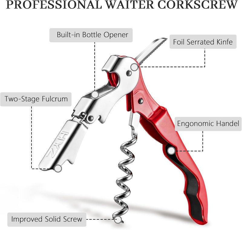 HYZ 2-Pack Wine Opener Waiter Corkscrew, Professional Wine Key for Servers, Bartender with Foil Cutter, Manual Wine Bottle Opener Double Hinged (Red) - Image 2